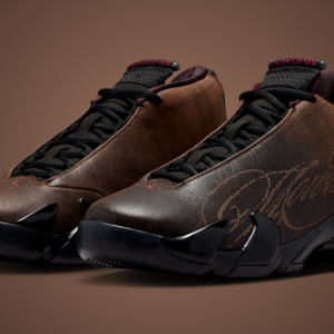 Mowalola x Air Jordan 14 in brown and black with side script detailing, black laces and red tongue accents