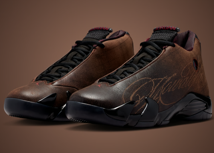 Mowalola x Air Jordan 14 in brown and black with side script detailing, black laces and red tongue accents