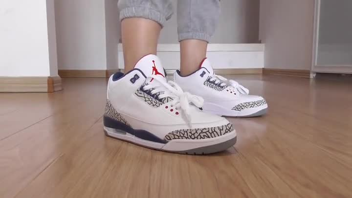 White Air Jordan 3 True Blue sneakers with blue accents shown on foot